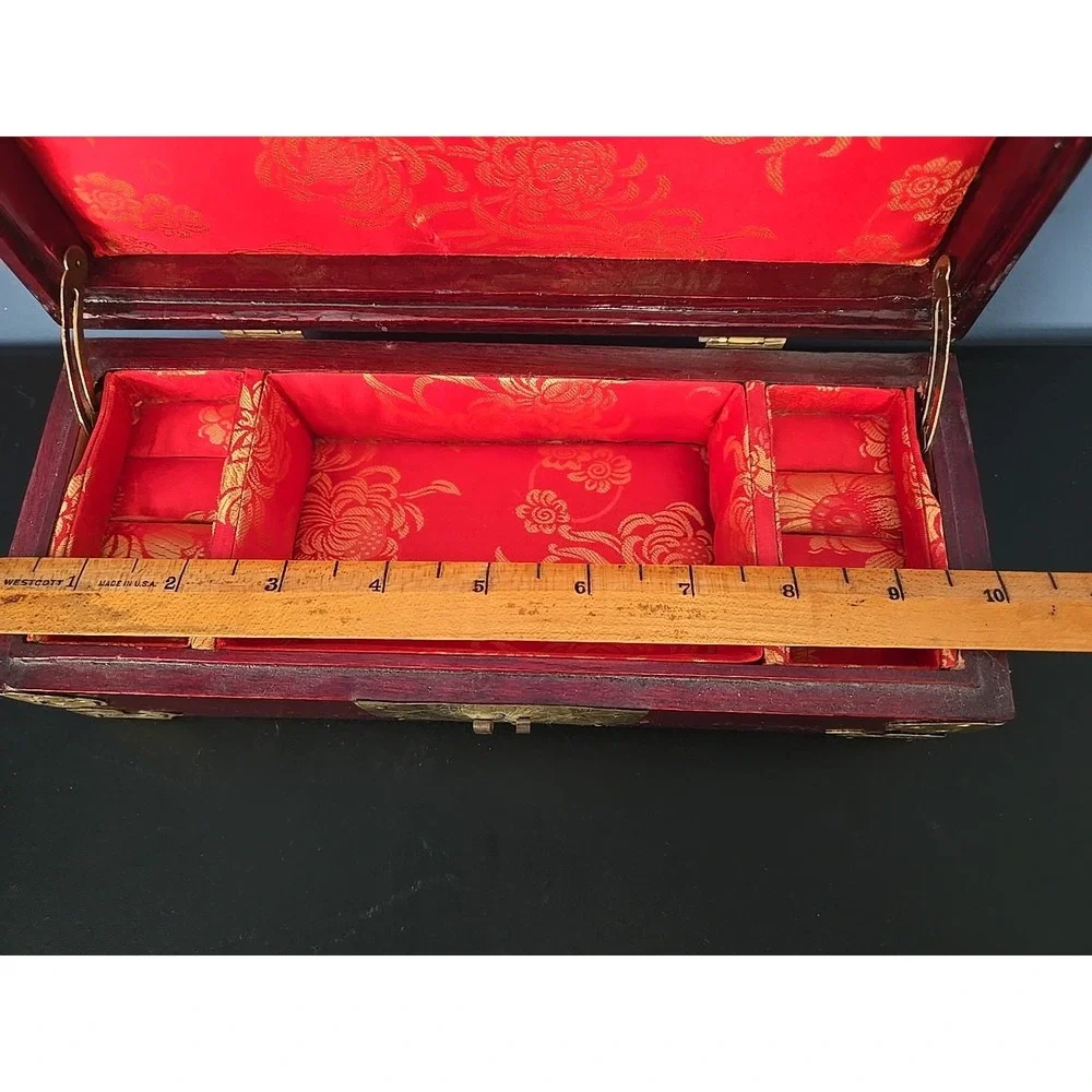 Vtg Chinese Wooden Jewelry Box w Ornate Brass & White Jade Silk Lined Redwood